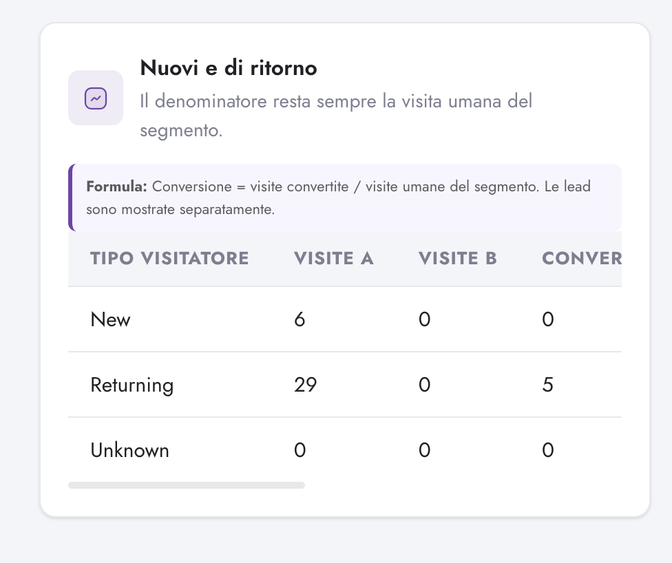 New and returning visitors table in Digenio AI v2: visitor type with visits and conversions