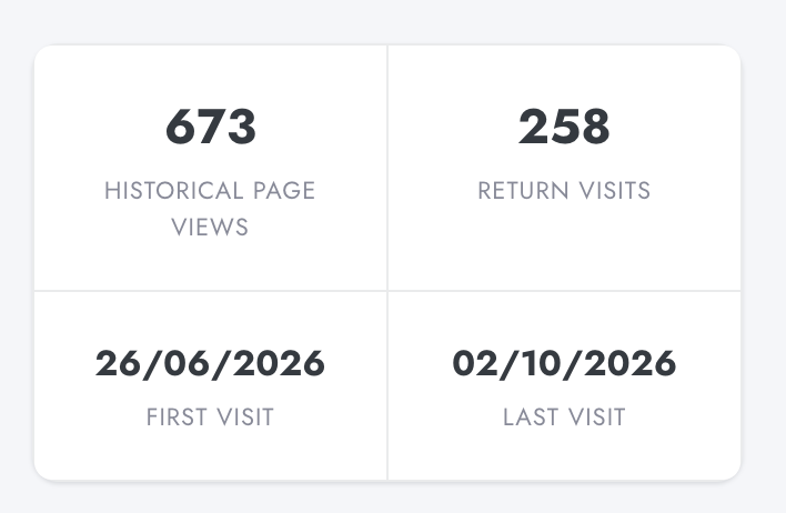 Visit summary in Digenio AI v2: 673 historical page views, 258 return visits, first visit and last visit dates