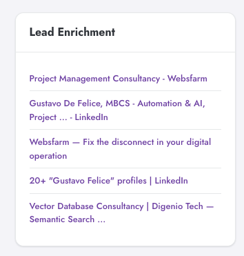 Lead enrichment in Digenio AI v2: matched company, role and LinkedIn profiles for the lead