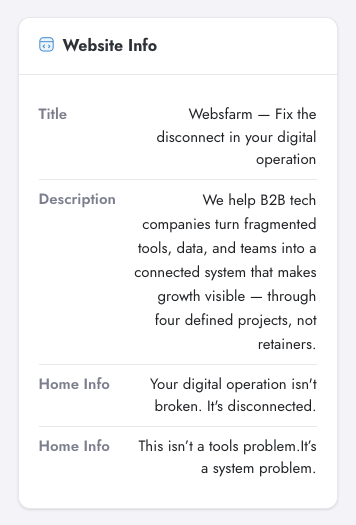 Website info card in Digenio AI v2: the lead company site title, description and home page messaging