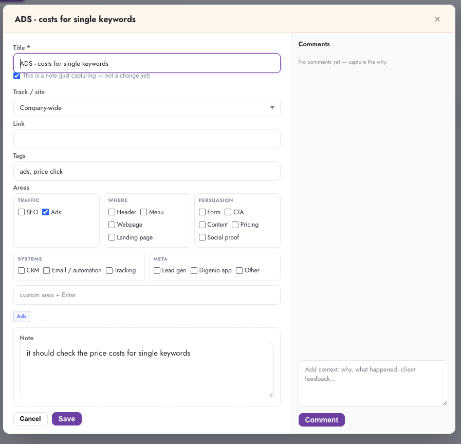 SmartChange capture form in Digenio AI v2: title, note-not-change flag, track selector, link, tags, area checkboxes for Traffic Where Persuasion Systems Meta, and comments