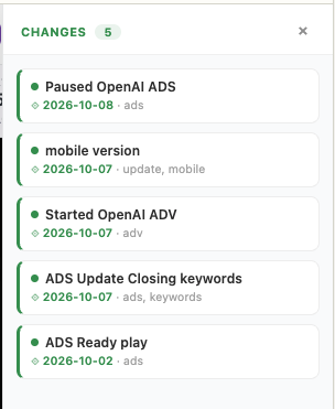 Changes list panel in Digenio AI v2: five dated and tagged changes with green status dots